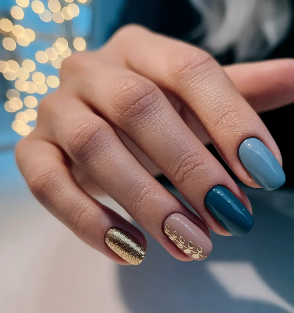 fall inspo nails simple Golden Accents on Cool Blues