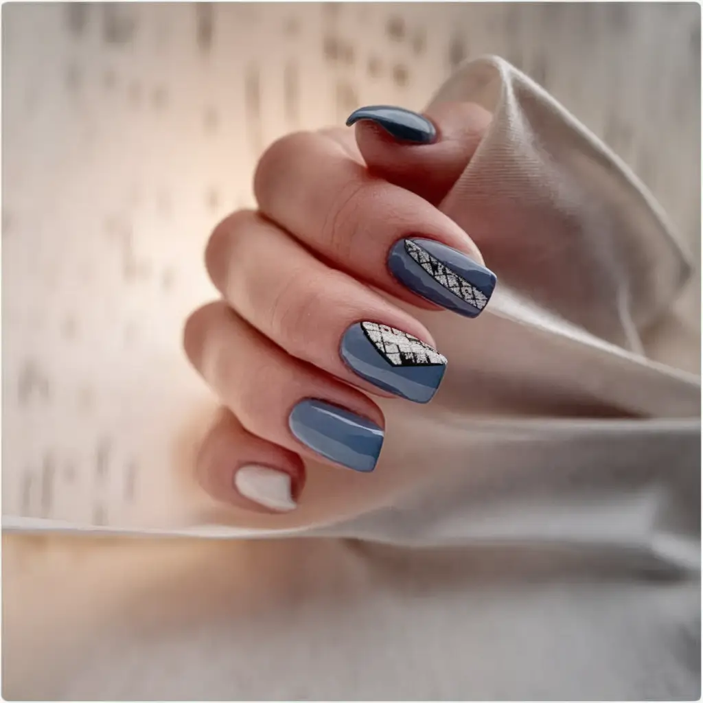 fall inspo nails simple Dusty Blue with Silver Geometrics
