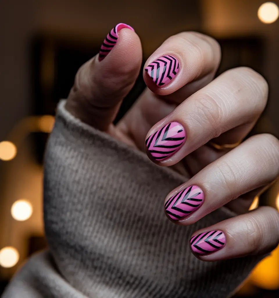 fall inspo nails simple Pink Chevron with Bold Lines