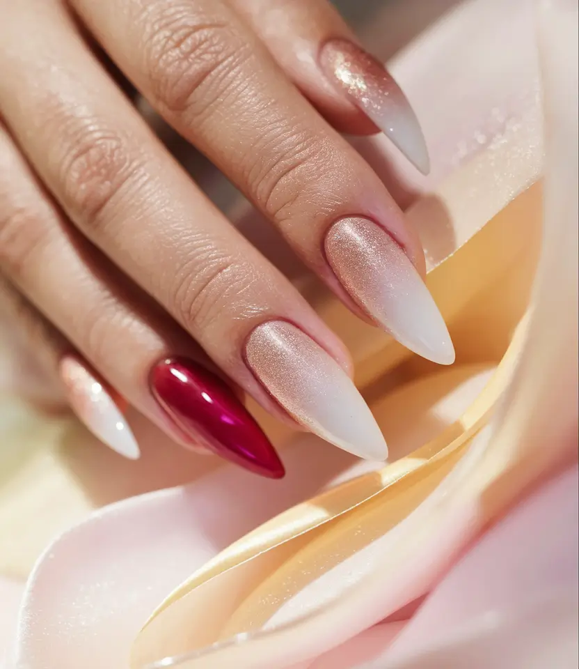 fall inspo nails simple Shimmering Almond Gradient with Red Accent