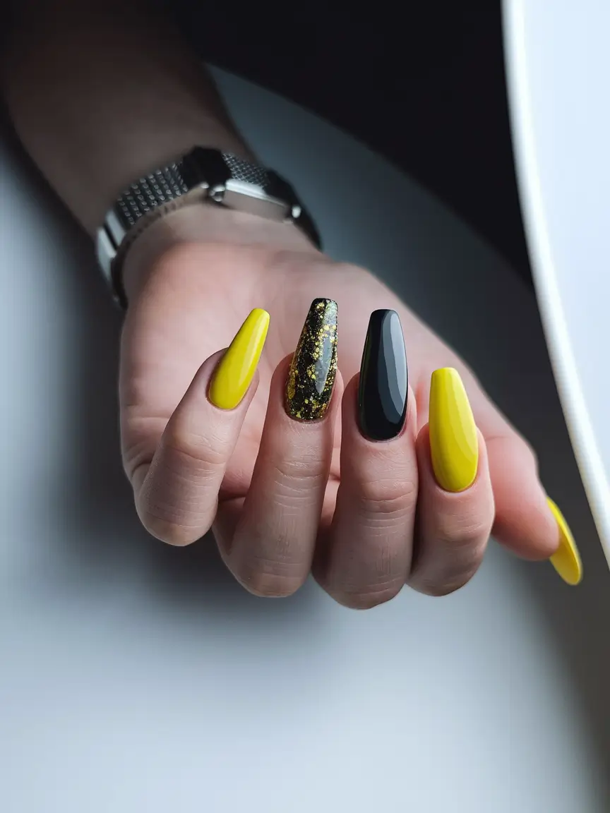 fall inspo nails simple Yellow and Black with Glitter Drama