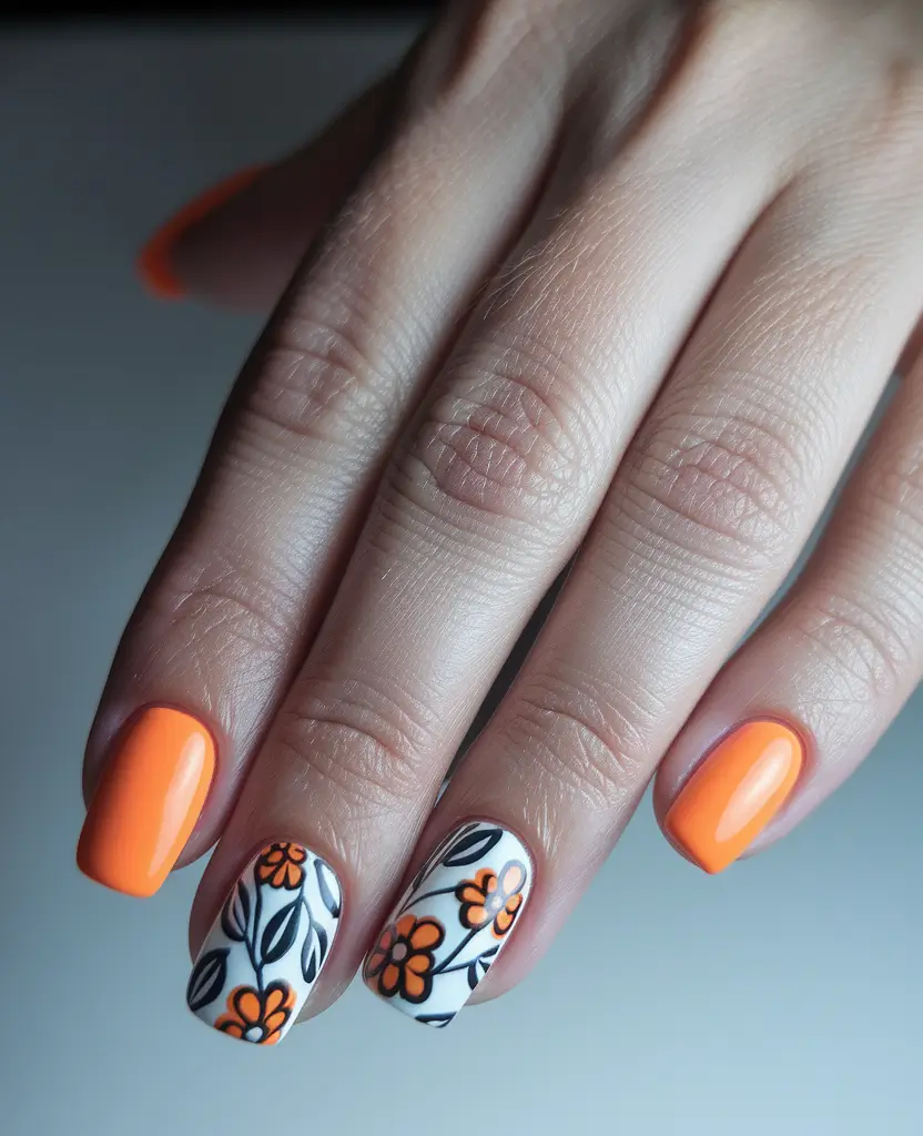 fall inspo nails simple Orange Florals with Playful Vibe