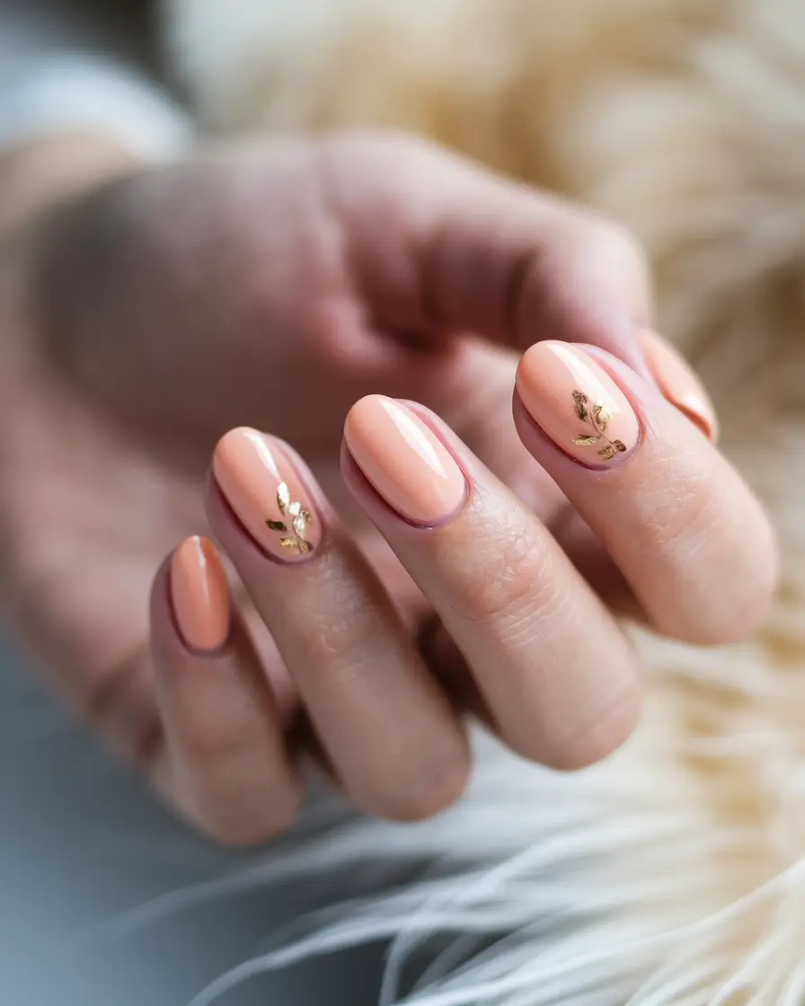 fall inspo nails simple Peachy Nude with Golden Accents