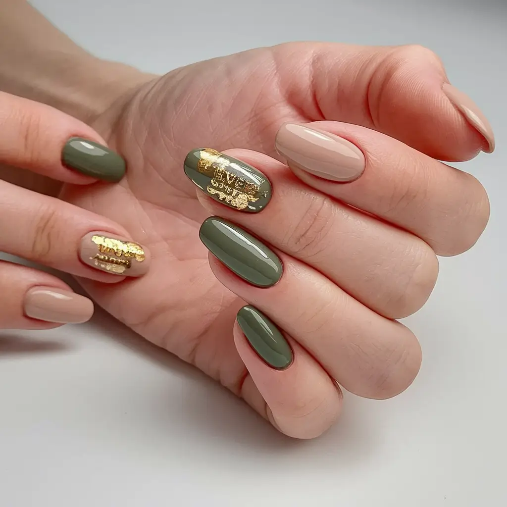 fall inspo nails simple Olive Green and Nude with Foil