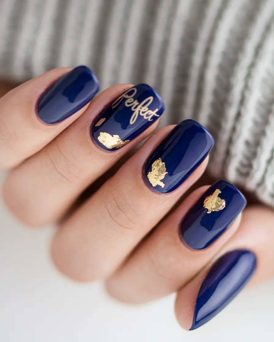 fall inspo nails simple Navy Blue with Gold Lettering