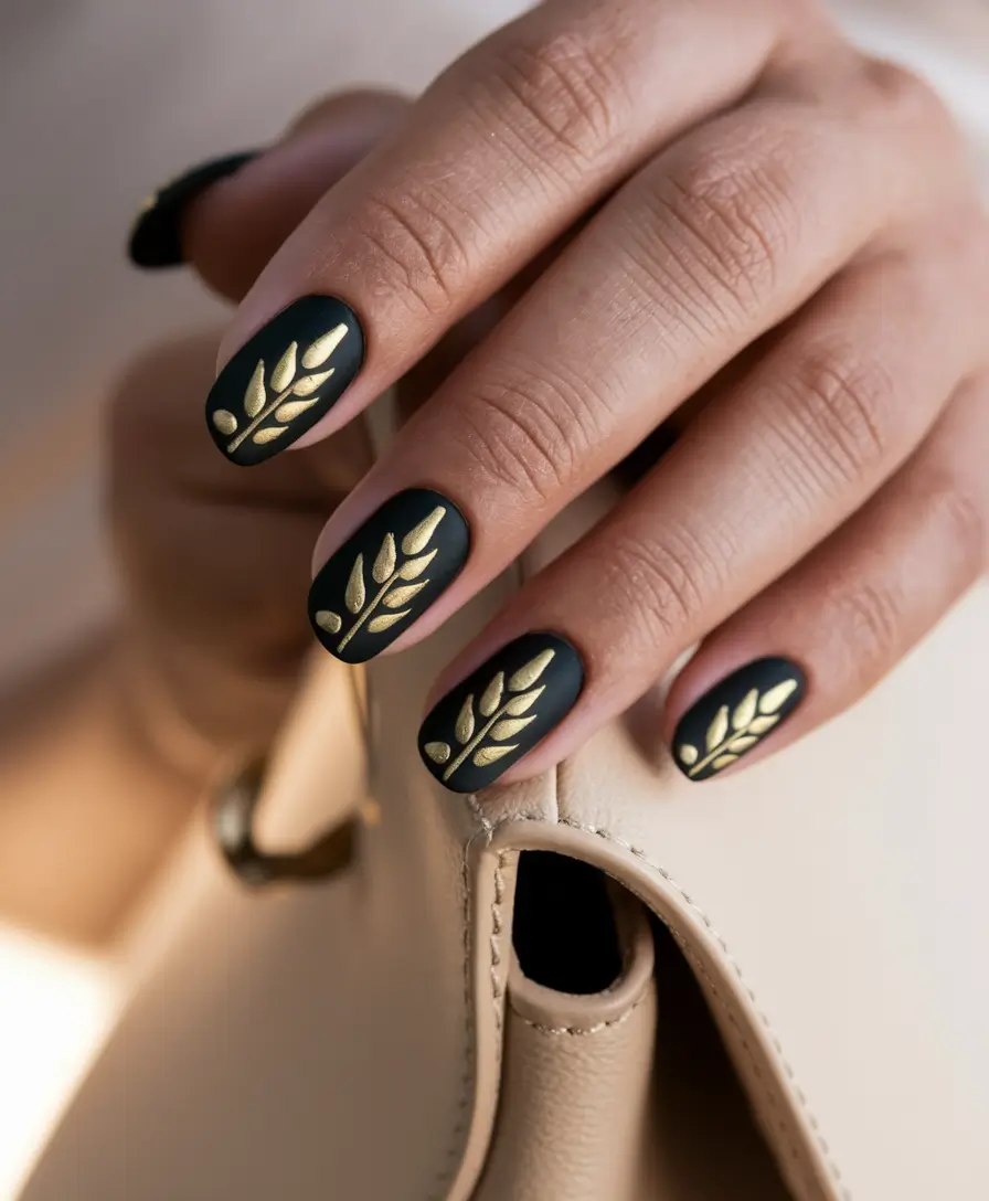 fall inspo nails simple Matte Black with Golden Leaves