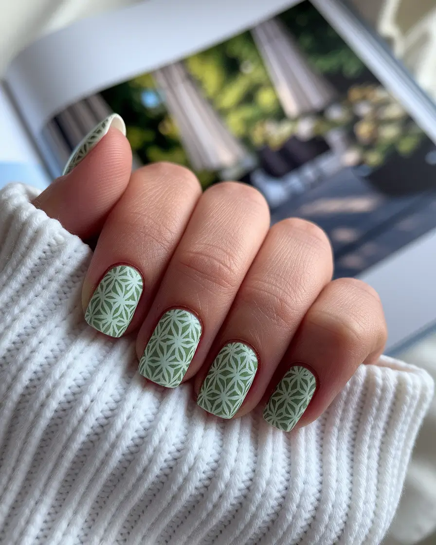 fall inspo nails simple Soft Green with Geometric Pattern