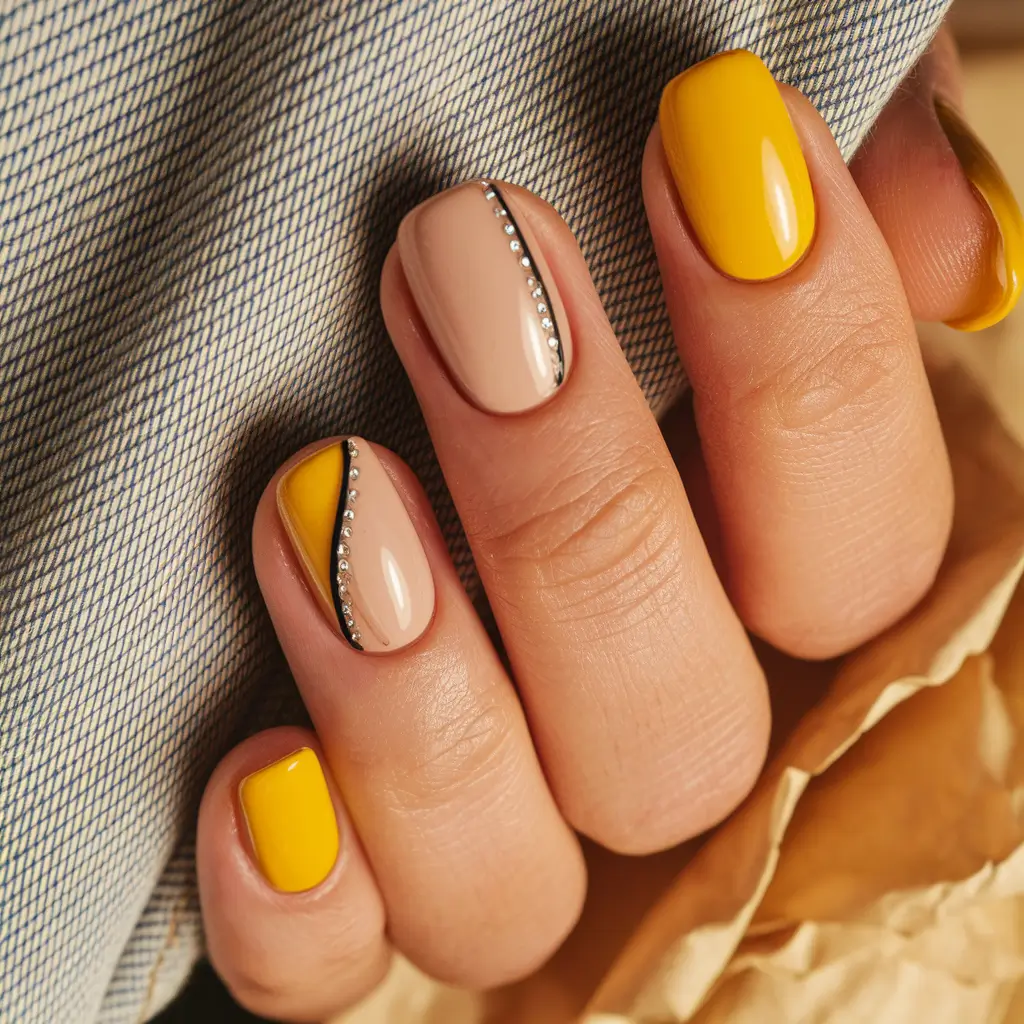 fall inspo nails simple Golden Mustard with Nude Contrast