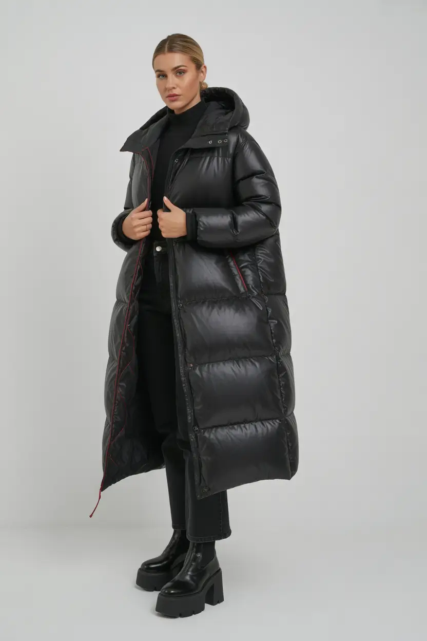 winter going out outfit night club blackout puffer drama