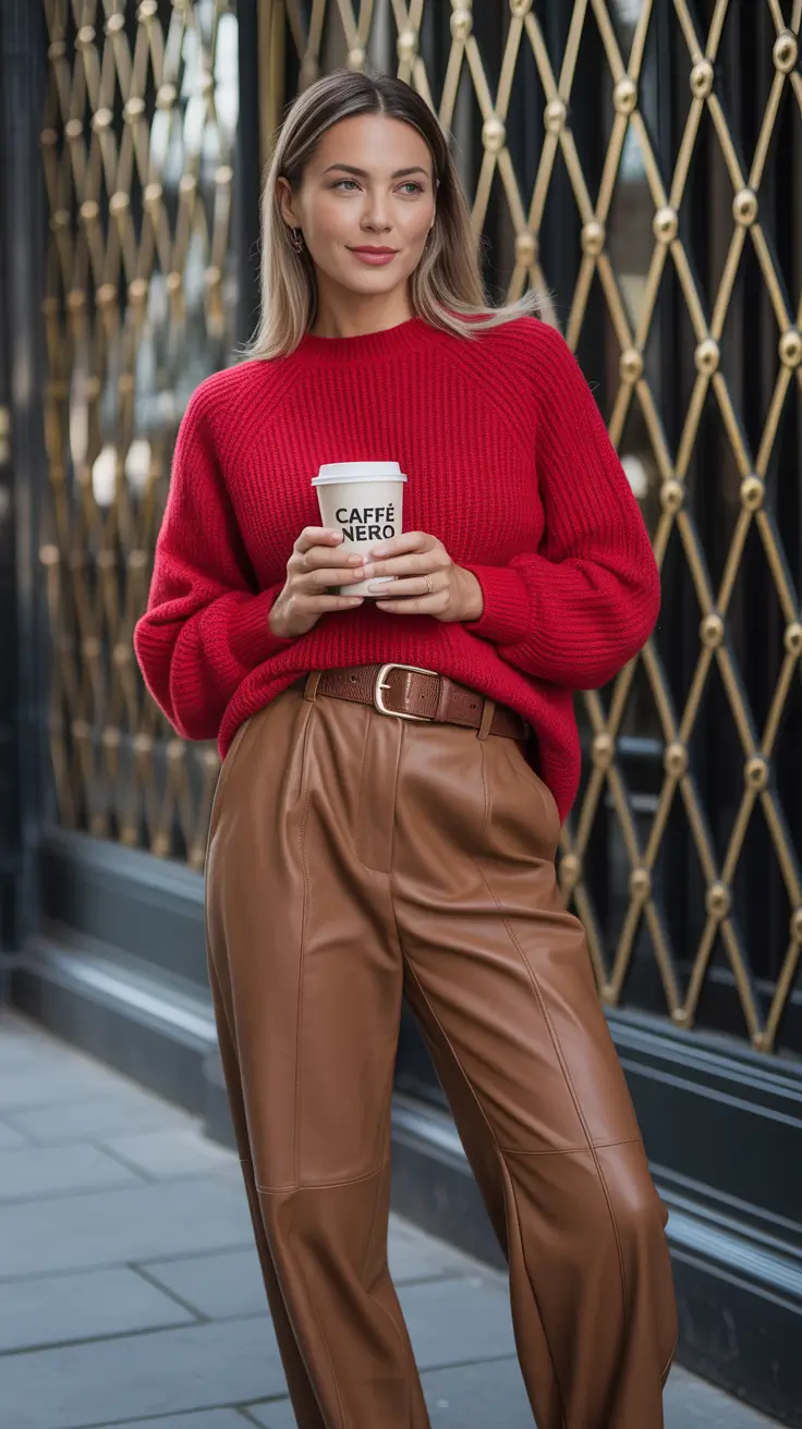 winter going out outfit casual red caramel ease