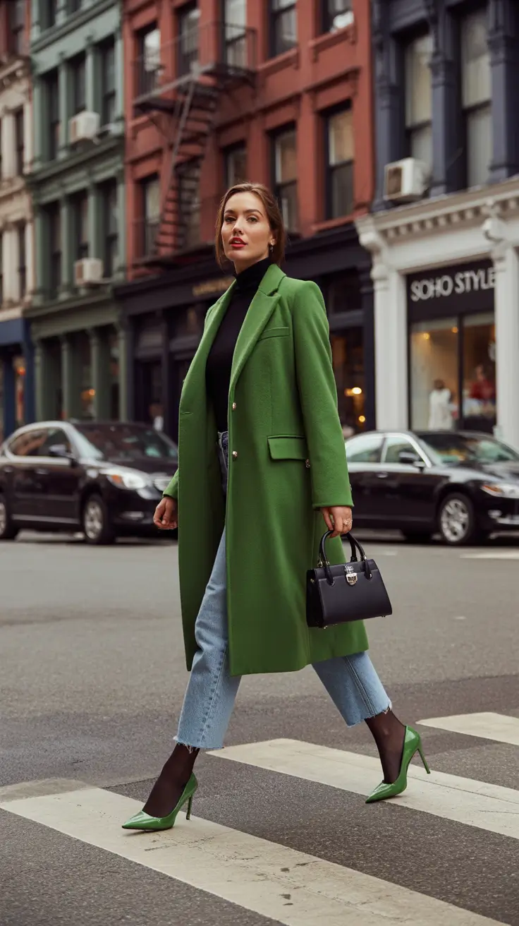winter going out outfit night bar jeans green coat city