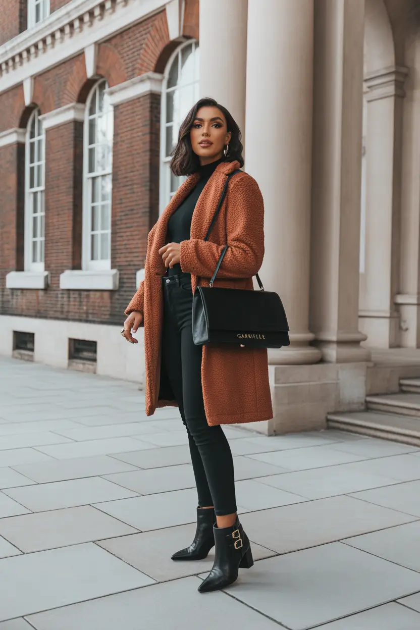 winter going out outfit bar rust black balance