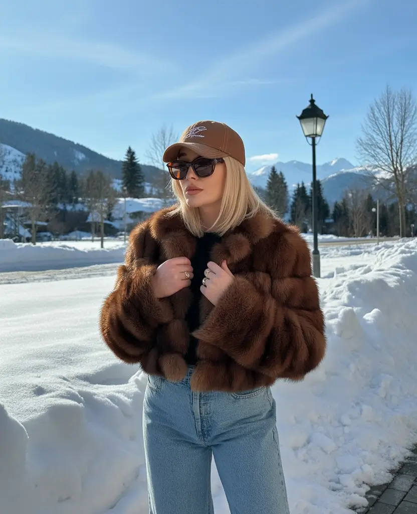 winter going out outfit jeans retro fur denim