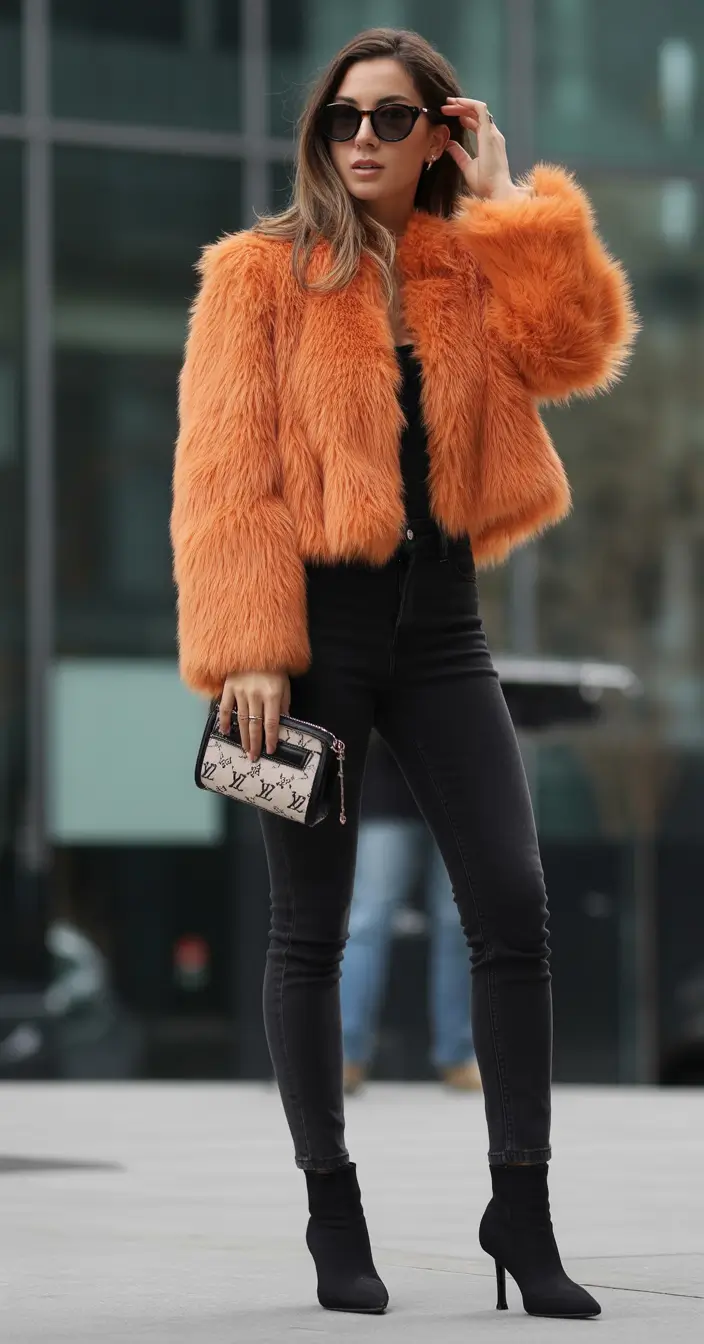 winter going out outfit jeans orange fluff energy