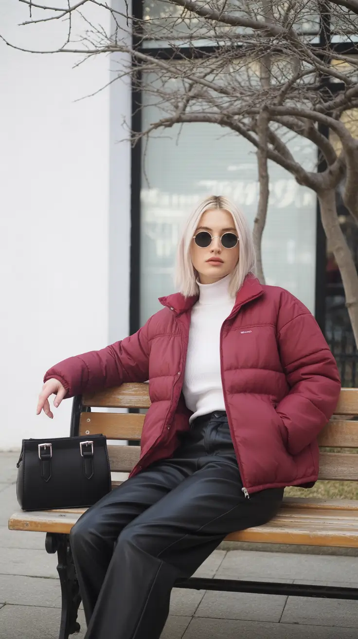 winter going out outfit casual burgundy bench chic