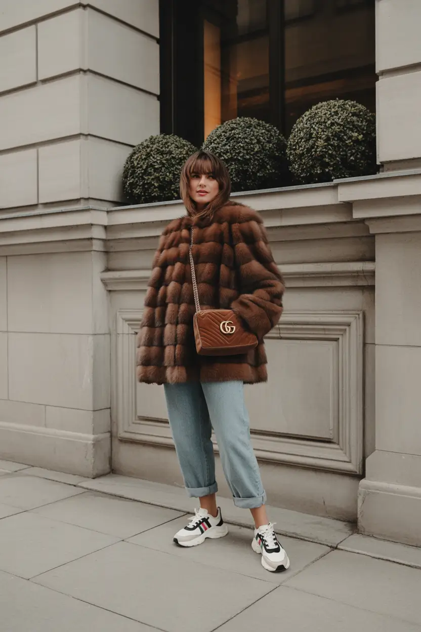 trendy winter outfits 2025 Retro Glamour with Fur and Denim