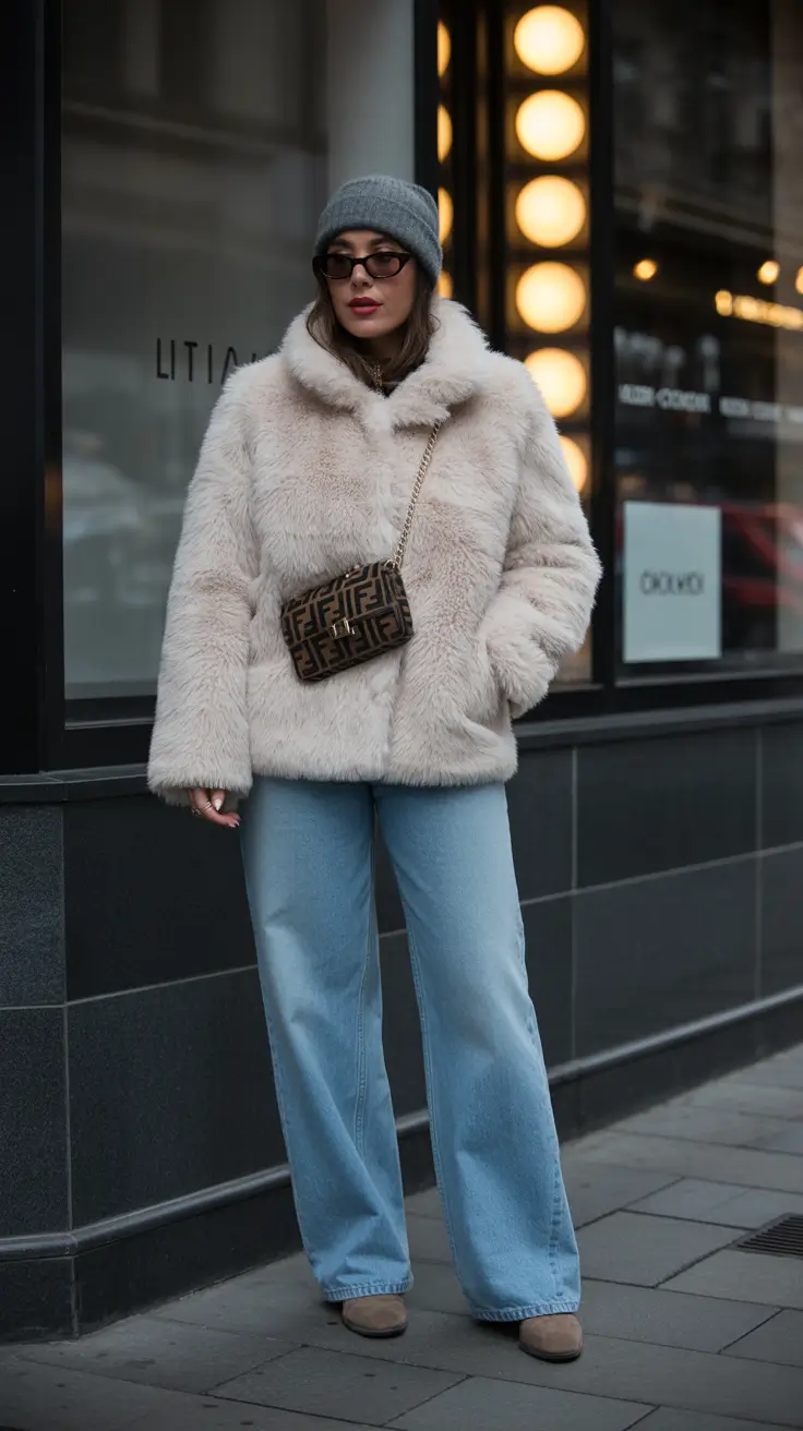 trendy winter outfits 2025 Fuzzy Neutrals with Street Spirit
