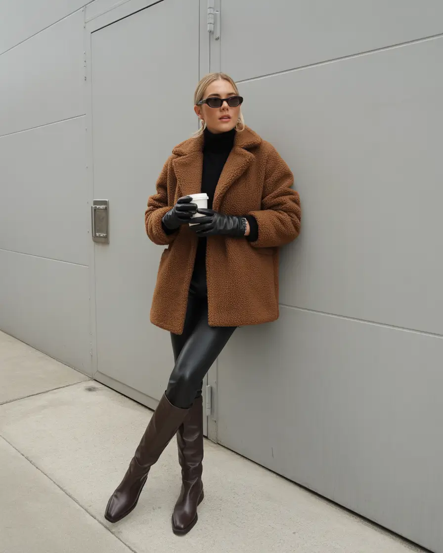 trendy winter outfits 2025 Teddy Coat with Sleek Leather Details