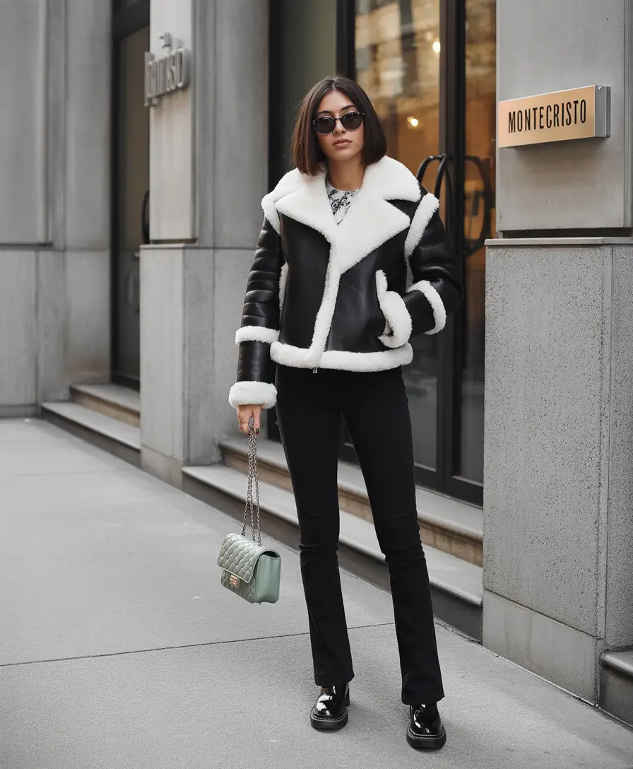 trendy winter outfits 2025 Monochrome Edge with Shearling Accents