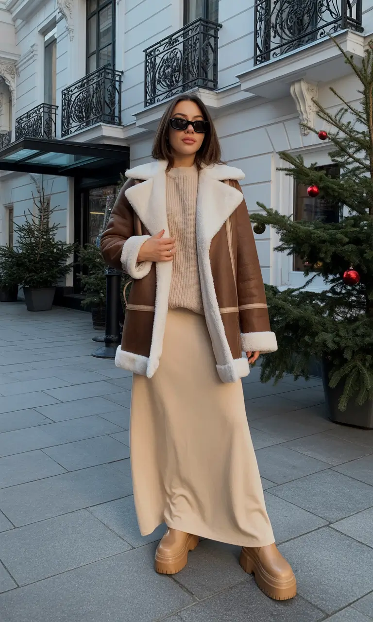 trendy winter outfits 2025 Shearling Chic with a Satin Skirt