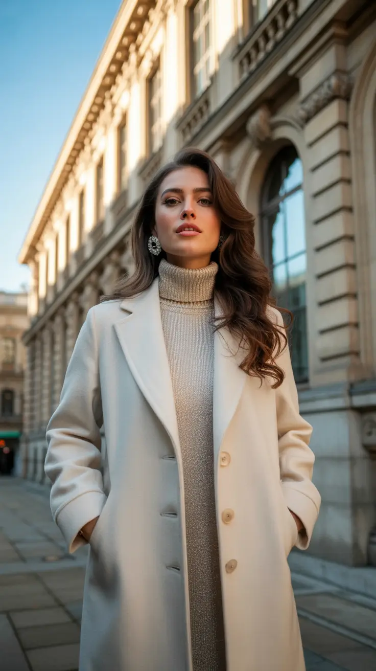 trendy winter outfits 2025 White Coat Elegance with a Festive Spark