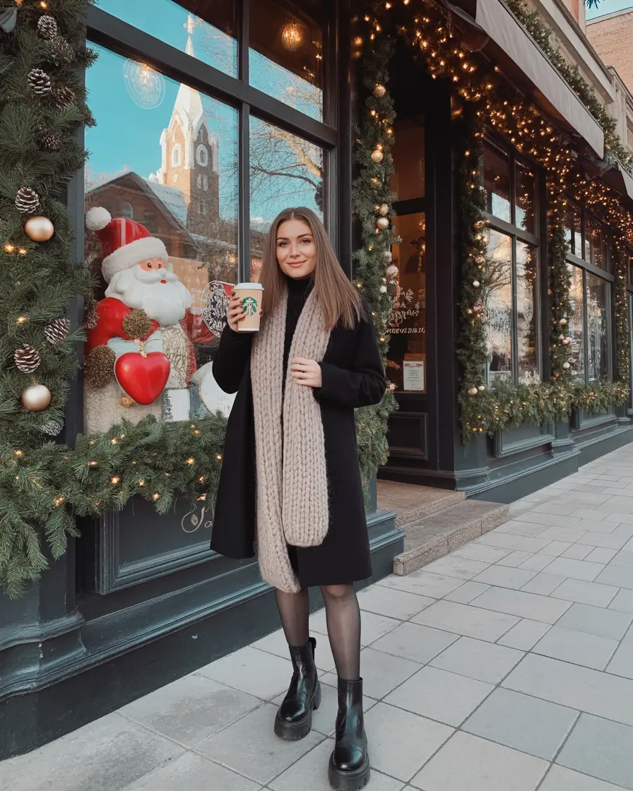 trendy winter outfits 2025 Festive Black Coat and Knit Scarf