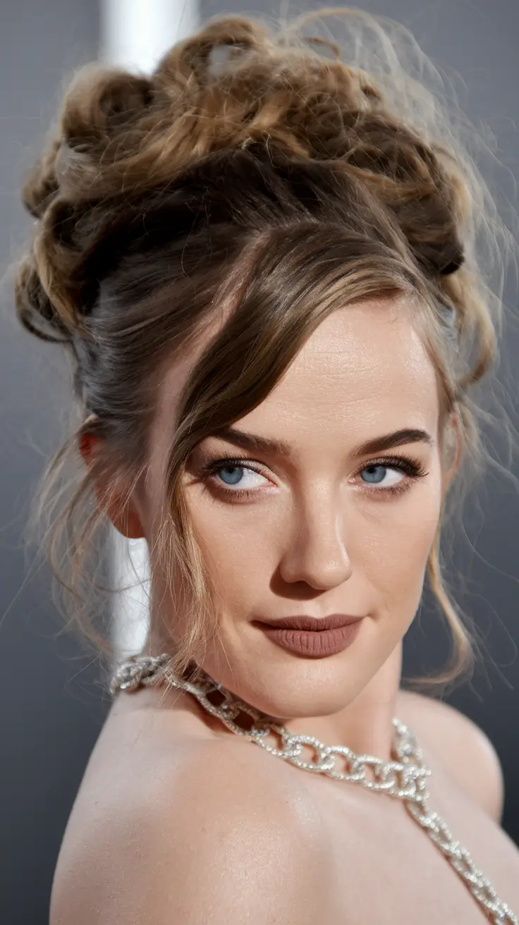 winter formal hairstyles bun Romantic Tousled Bun with Soft Bangs