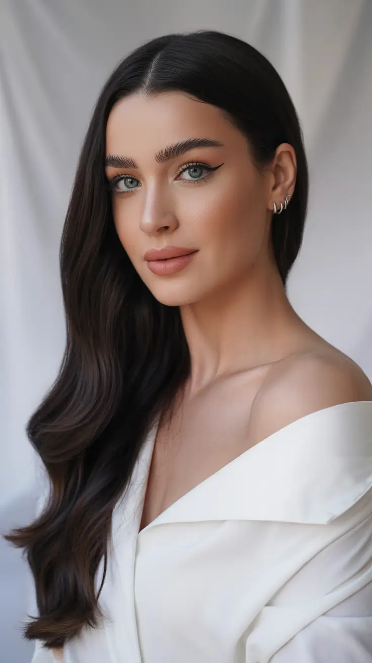 winter formal hairstyles for long hair Glossy Dark Waves with Middle Part