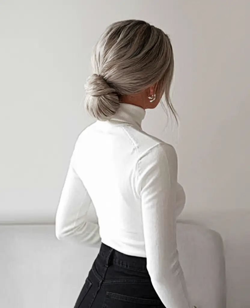 winter formal hairstyles bun Low Wrapped Bun with Cool Blonde Finish