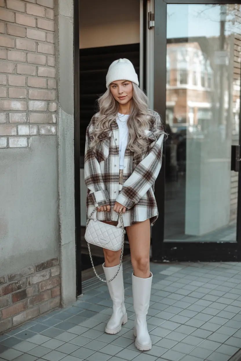 winter fashion inspo 2025 Plaid & White Winter Mix
