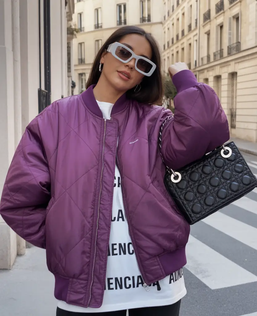 winter fits ideas 2025 2026 Purple Bomber with Logo Play