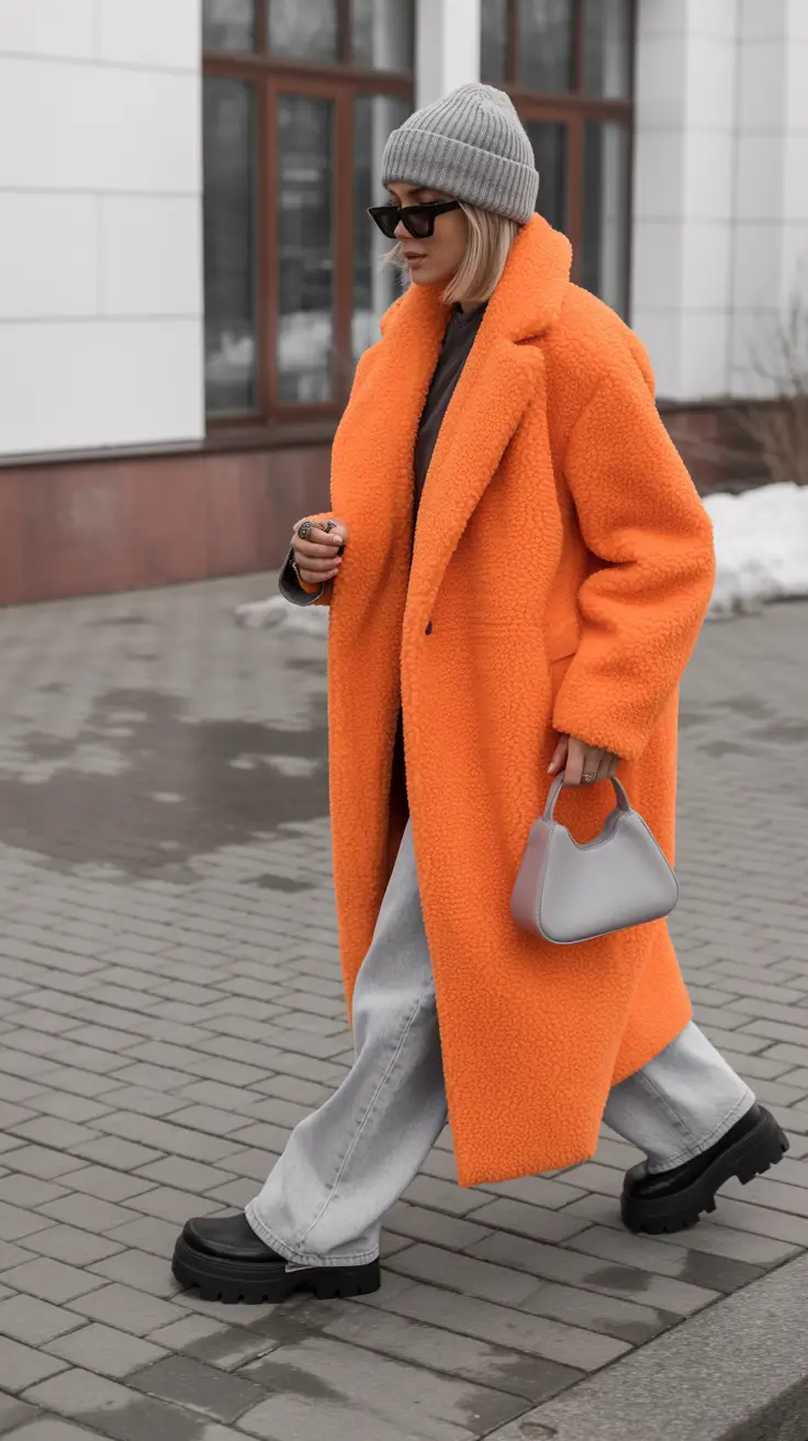 winter fits ideas 2025 2026 Orange Teddy Coat with Street Edge