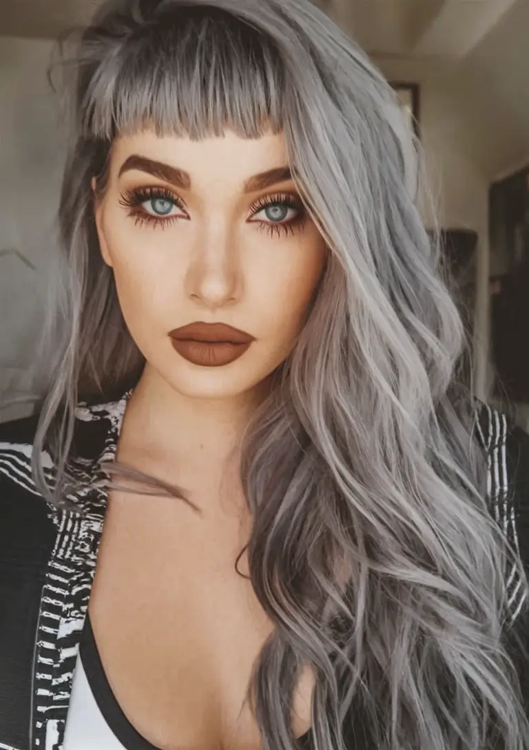 winter hairstyles 2025 2026 trends ideas Silver Waves with Blunt Bangs