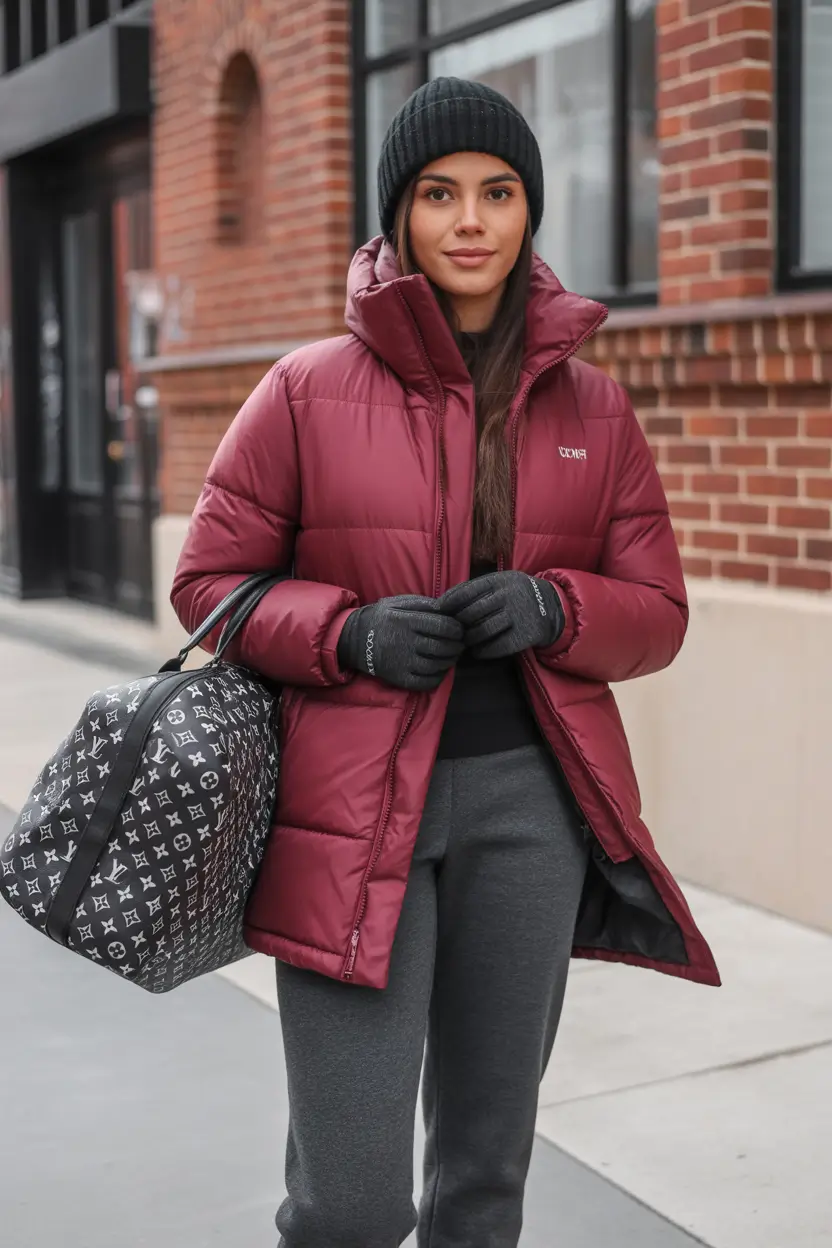 Winter Outfit Inspo 2025 2026 Burgundy Puffer Street Ease