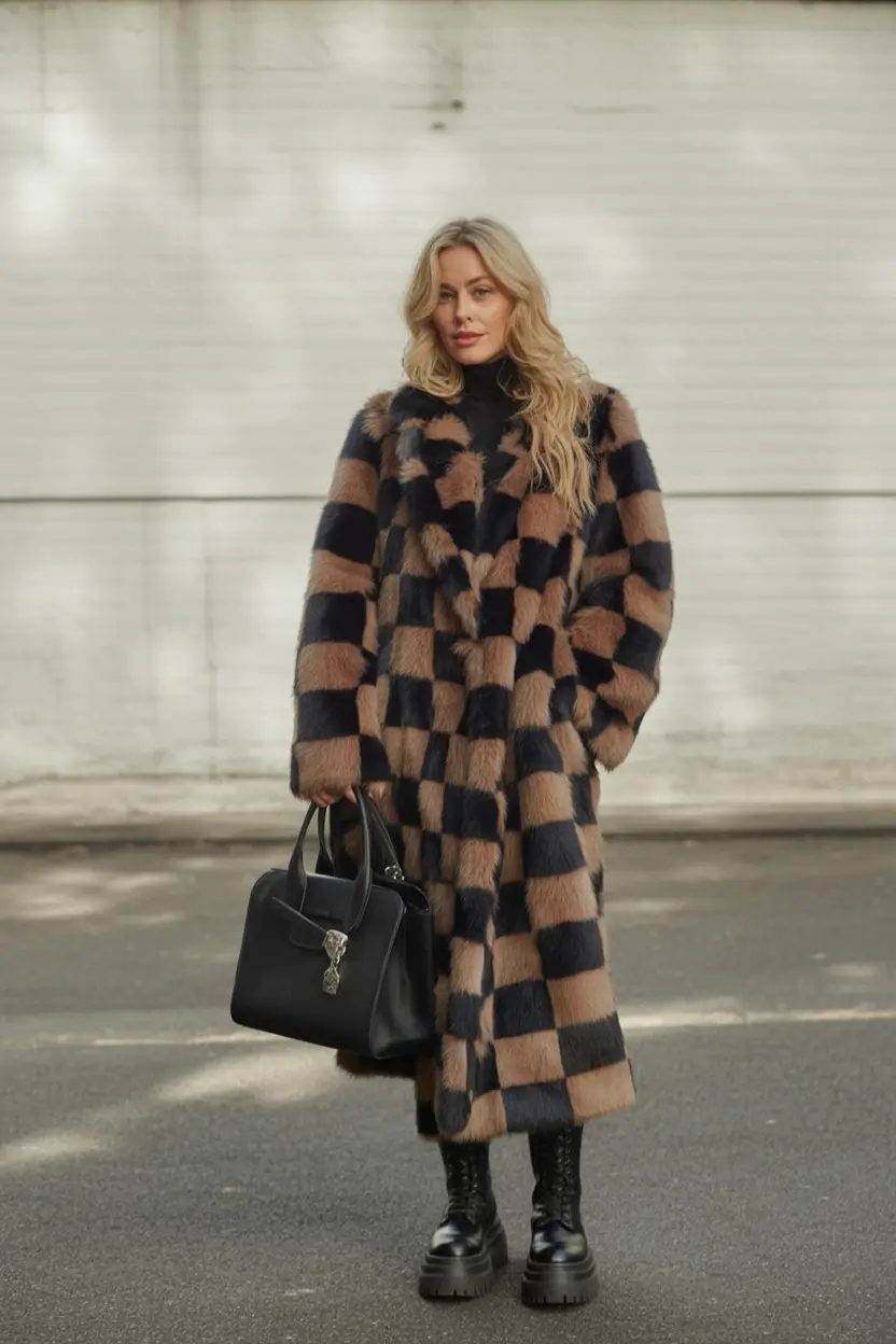 winter outfits cold fashion Bold Checkerboard Fur