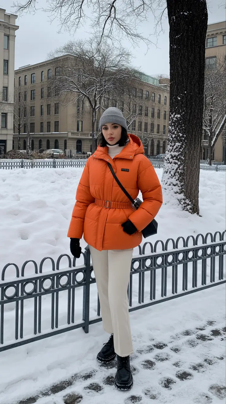 winter outfits cold snow fashion Orange Glow Puffer