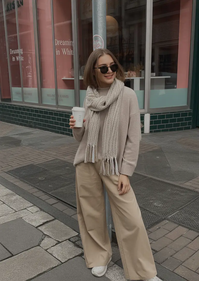 winter outfits cold school Relaxed Neutrals with Scarf Drama