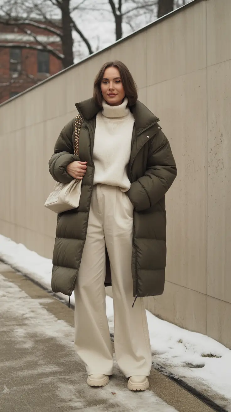 winter outfits cold classy chic elegant Olive Puffer Elegance