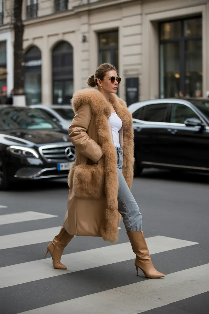 winter outfits cold classy chic elegant Camel Coat with Fur Drama