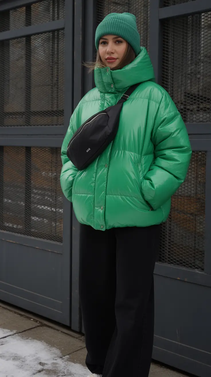 winter outfits cold snow fashion Vivid Green Energy