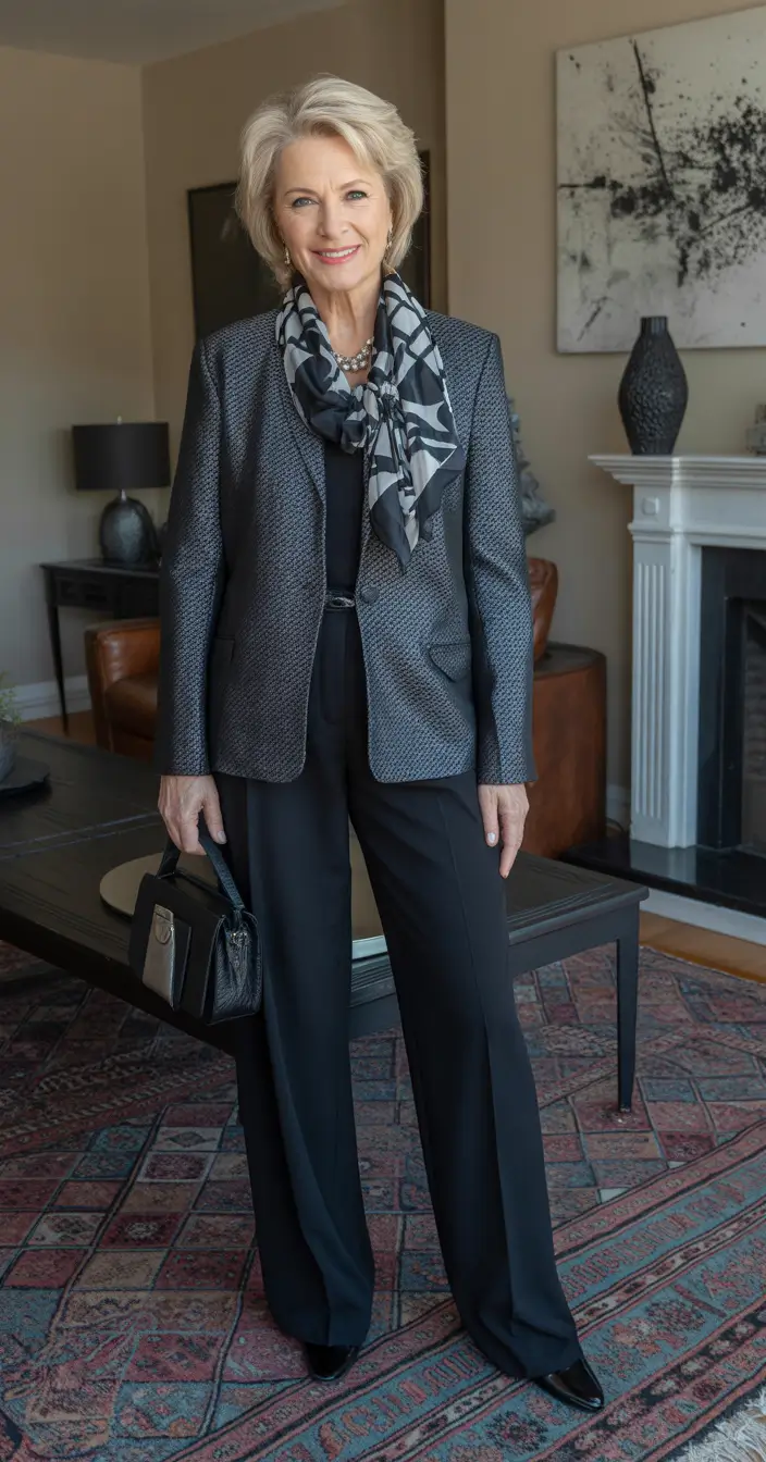 winter outfits for women over 60 Chic Tailored Elegance with a Scarf