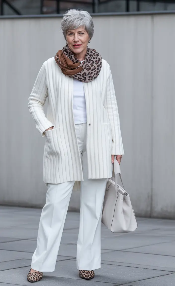 winter outfits for women over 60 Winter Whites with Animal Print Accents
