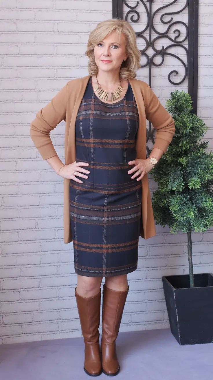 winter outfits for women over 60 Plaid Dress with Camel Accents