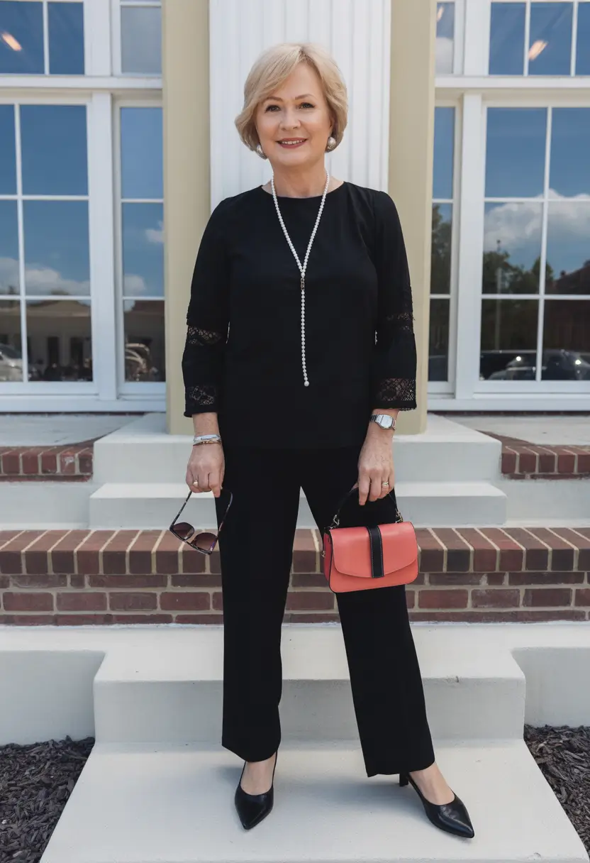 winter outfits for women over 60 All-Black Elegance with a Pop of Color