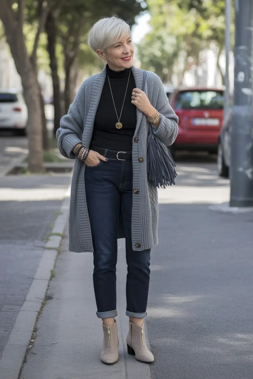 winter outfits for women over 60 Relaxed Gray Cardigan with Denim