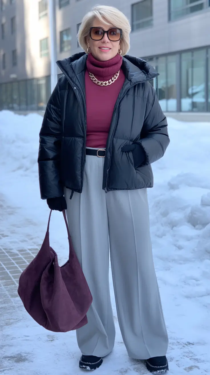 winter outfits for women over 60 Pop of Burgundy under a Puffer