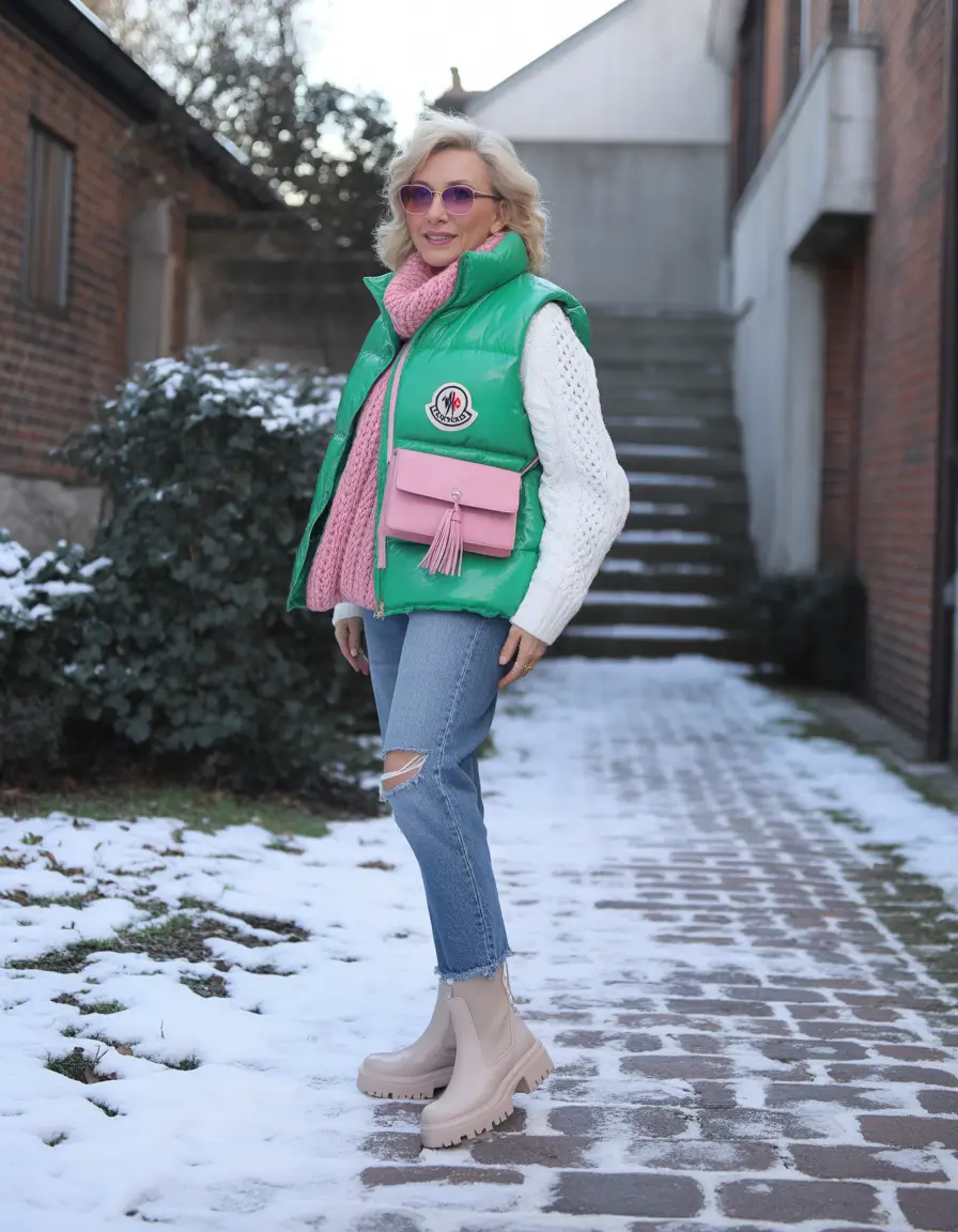 winter outfits for women over 60 Playful Color Blocking with a Puffer Vest