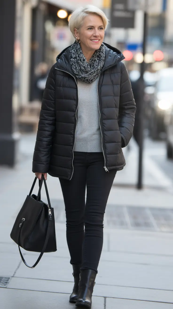 winter outfits for women over 60 Monochrome Simplicity with a Scarf