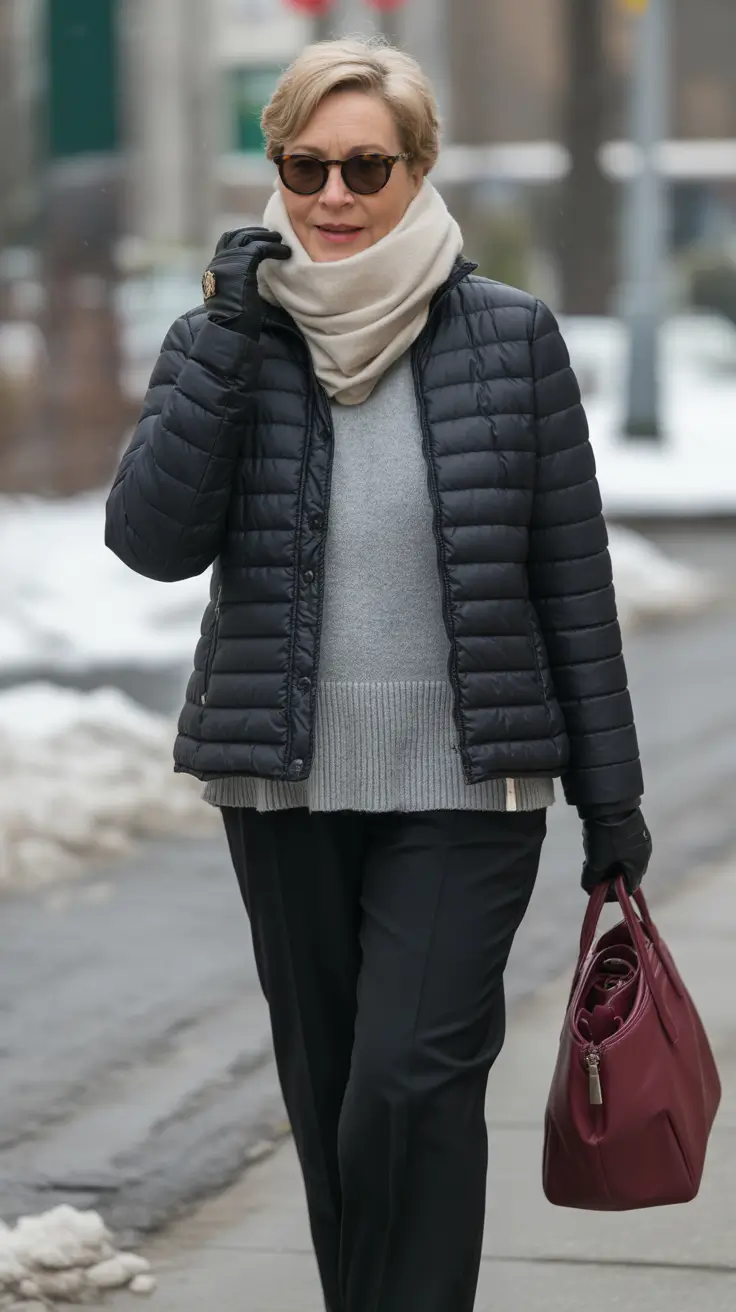 winter outfits for women over 60 Polished Neutrals with a Pop of Wine