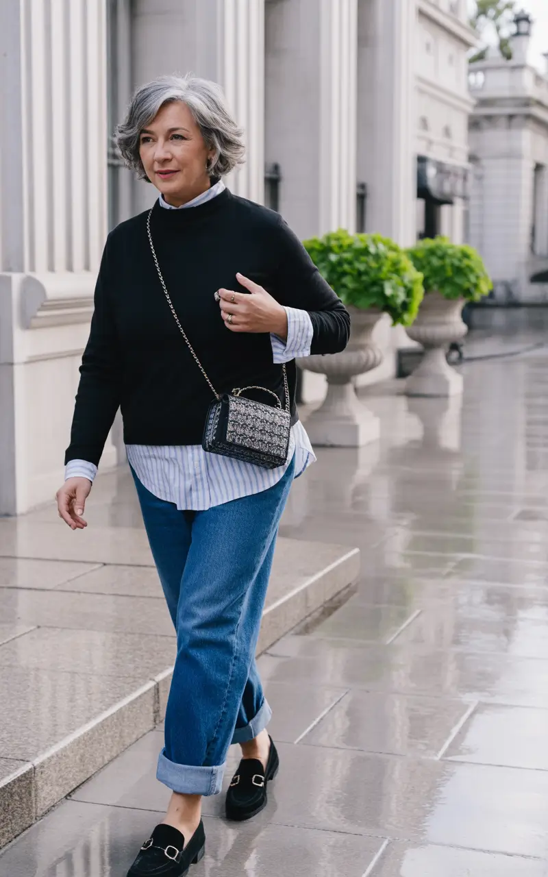 winter outfits for women over 60 Layered Shirt and Sweater Duo